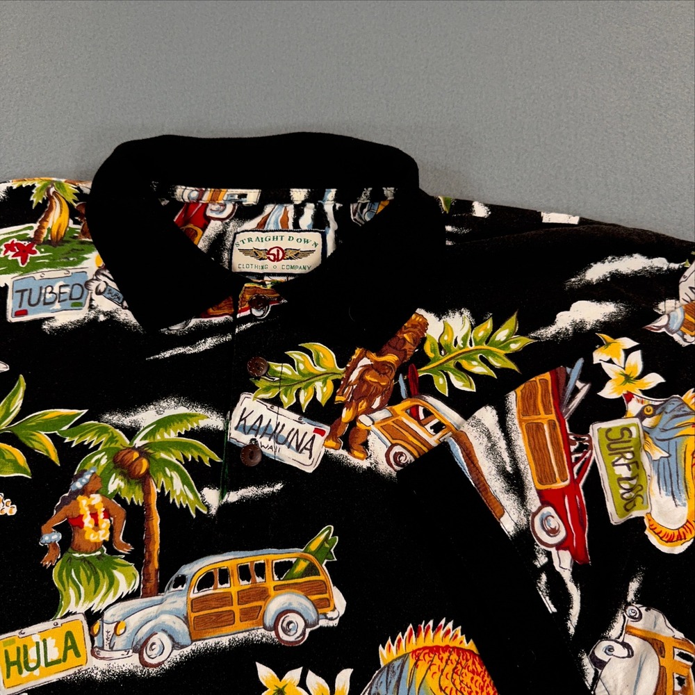 Straight Down Mens 2XL Hawaiian Polo Shirt Black Woody Car Tiki Hula Made in USA